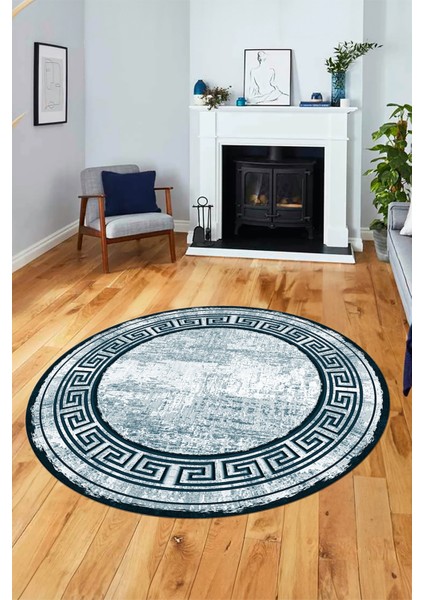 Tasarım Çerçeve Desenli Modern Yıkanabilir Mutfak Yuvarlak Salon Halısı, Y-Çerçeveli-09-Turkuaz, indirimleri