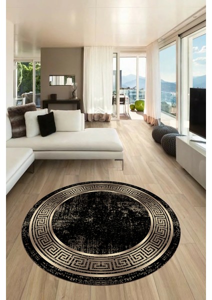 Şık Motif Çerçeve Desen Modern Yıkanabilir Yolluk Mutfak Yuvarlak Salon Halısı, Y-Çerçeveli-13-Gold,