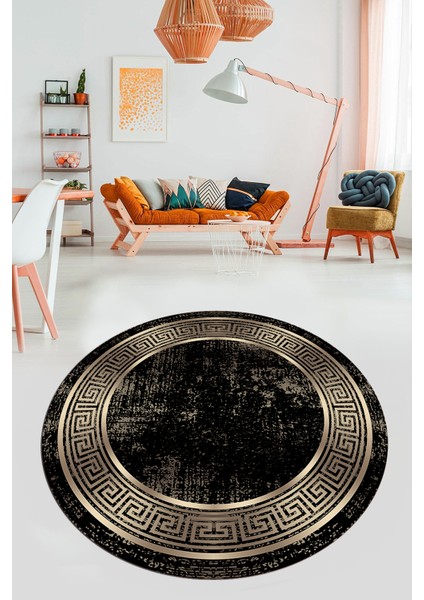 Şık Motif Çerçeve Desen Modern Yıkanabilir Yolluk Mutfak Yuvarlak Salon Halısı, Y-Çerçeveli-13-Gold,
