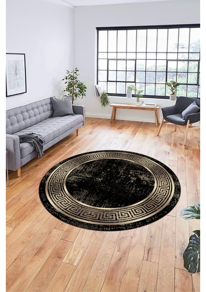 Şık Motif Çerçeve Desen Modern Yıkanabilir Yolluk Mutfak Yuvarlak Salon Halısı, Y-Çerçeveli-13-Gold,