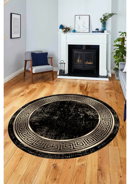 Şık Motif Çerçeve Desen Modern Yıkanabilir Yolluk Mutfak Yuvarlak Salon Halısı, Y-Çerçeveli-13-Gold,