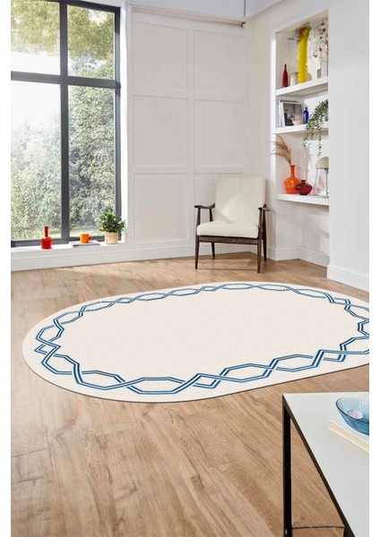 Dijital Kaymaz Yıkanabilir Şık Çerçeveli Ince Oval Yolluk Salon Halısı, O-Çerçeveli-49-Beyaz,