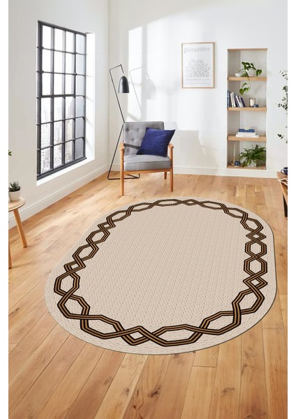 Dijital Kaymaz Yıkanabilir Şık Çerçeveli Ince Oval Yolluk Salon Halısı, O-Çerçeveli-49-Krem, fiyatları