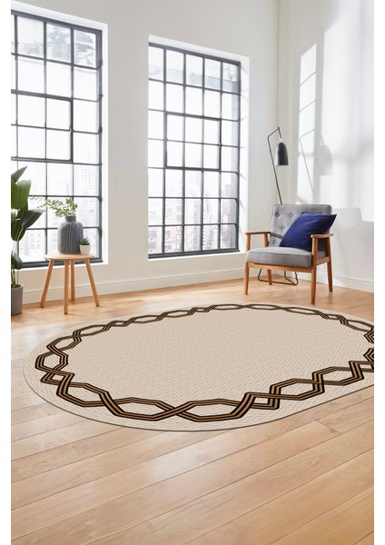 Dijital Kaymaz Yıkanabilir Şık Çerçeveli Ince Oval Yolluk Salon Halısı, O-Çerçeveli-49-Krem, modelleri