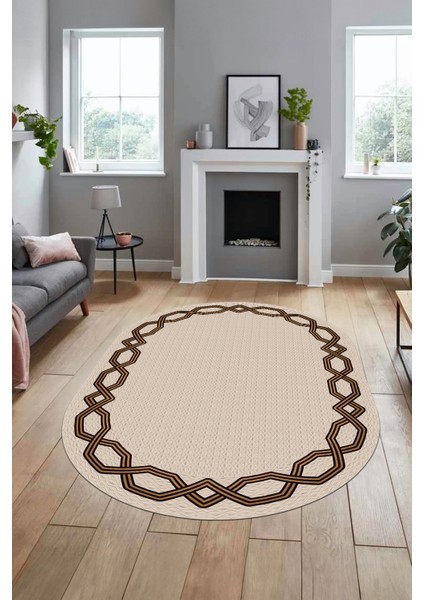 Dijital Kaymaz Yıkanabilir Şık Çerçeveli Ince Oval Yolluk Salon Halısı, O-Çerçeveli-49-Krem, fırsatları