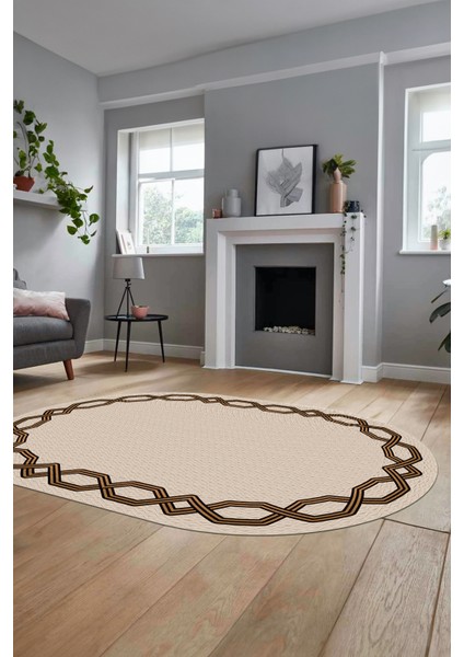Dijital Kaymaz Yıkanabilir Şık Çerçeveli Ince Oval Yolluk Salon Halısı, O-Çerçeveli-49-Krem, indirimleri