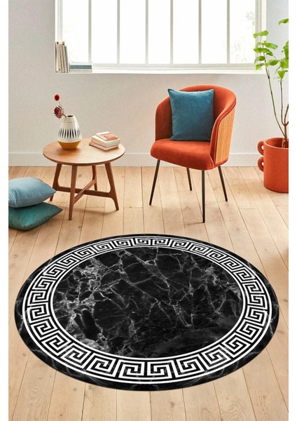 Mermer Çerçeve Desen Modern Yıkanabilir Yolluk Mutfak Yuvarlak Salon Halısı, Y-Çerçveli-17-Antrasit,
