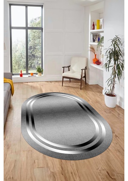 Sade Düz Renk Çerçeveli Yıkanabilir Modern Yolluk Oval Salon Halısı, O-Çerçeveli-39-Gri,