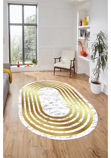 Şık Tasarım Yıkanabilir Kaymaz Çerçeveli Yolluk Oval Salon Halısı, O-Çerçeveli-41-Gold,