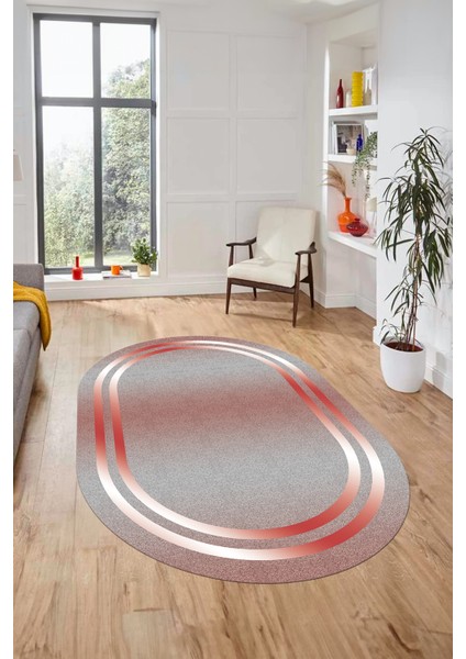 Sade Düz Renk Çerçeveli Yıkanabilir Modern Yolluk Oval Salon Halısı, O-Çerçeveli-39-Kırmızı,