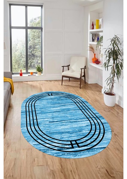 Şık Tasarım Yıkanabilir Kaymaz Çerçeveli Modern Oval Yolluk Salon Halısı, O-Çerçeveli-42-Mavi,
