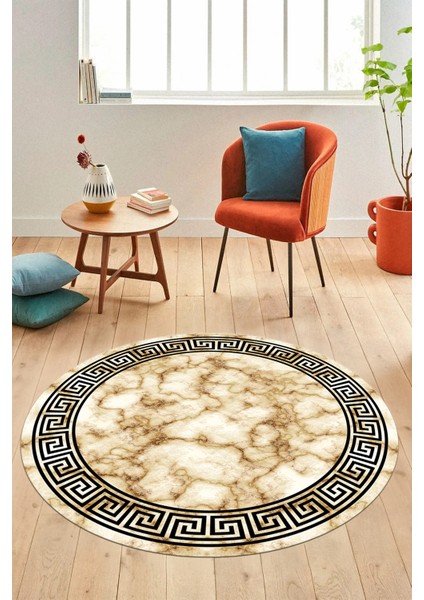 Mermer Çerçeve Desen Modern Yıkanabilir Yolluk Mutfak Yuvarlak Salon Halısı, Y-Çerçeveli-17-Bej,