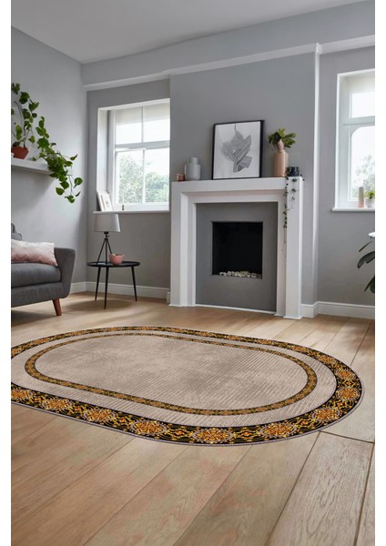 Dijital Kaymaz Yıkanabilir Çerçeveli Ince Oval Yolluk Mutfak Salon Halısı, O-Çerçeveli-48-Kahve-, indirimleri