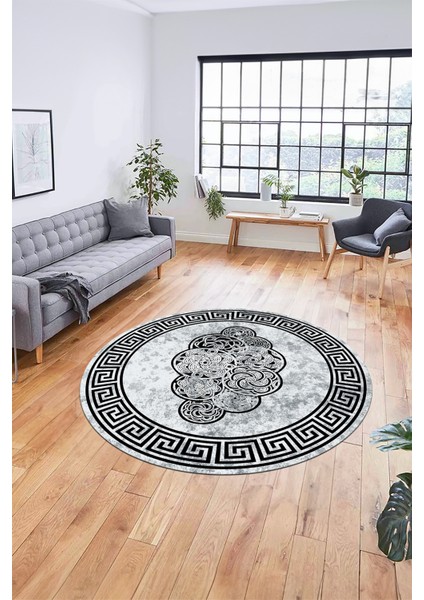 Dijital Kaymaz Yıkanabilir Modern Çerçeveli Yuvarlak Mutfak Salon Halısı, Y-Çerçeveli-04-Siyah,