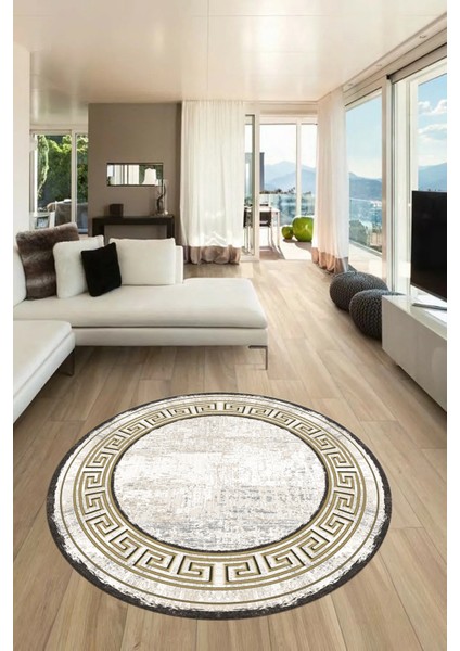 Tasarım Çerçeve Desenli Modern Yıkanabilir Mutfak Yuvarlak Salon Halısı, Y-Çerçeveli-09-Gold,