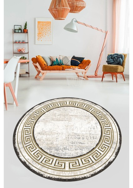 Tasarım Çerçeve Desenli Modern Yıkanabilir Mutfak Yuvarlak Salon Halısı, Y-Çerçeveli-09-Gold, modelleri
