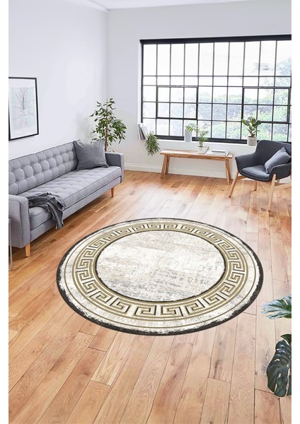 Tasarım Çerçeve Desenli Modern Yıkanabilir Mutfak Yuvarlak Salon Halısı, Y-Çerçeveli-09-Gold, fırsatları