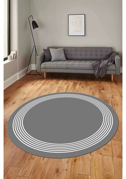 Dijital Kaymaz Yıkanabilir Modern Sade Çerçeveli Yuvarlak Yolluk Salon Halısı, Y-Çerçeveli-45-Gri,