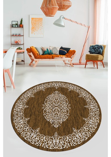 Klasik Çerçeve Desenli Yıkanabilir Kaymaz Yolluk Mutfak Yuvarlak Salon Halısı, Y-Çerçeveli-22-Kahve,