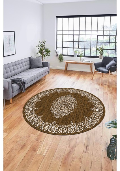 Klasik Çerçeve Desenli Yıkanabilir Kaymaz Yolluk Mutfak Yuvarlak Salon Halısı, Y-Çerçeveli-22-Kahve, fiyatları
