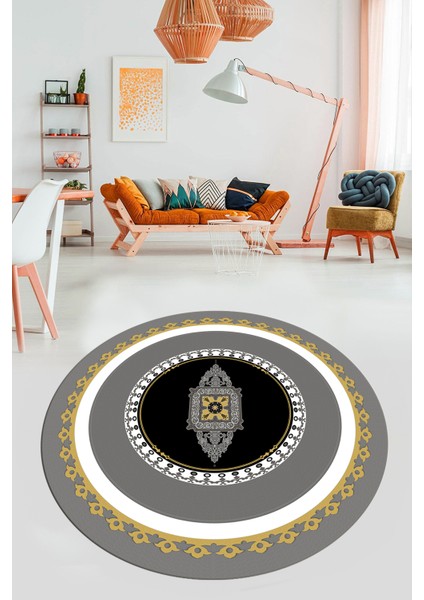 Klasik Çerçeve Desen Yıkanabilir Kaymaz Yolluk Mutfak Yuvarlak Salon Halısı, Y-Çerçeveli-23-Sarı,