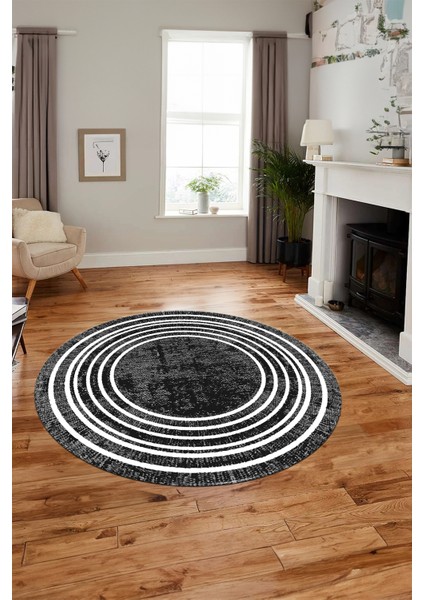 Dijital Kaymaz Yıkanabilir Çerçeveli Yolluk Mutfak Yuvarlak Salon Halısı, Y-Çerçeveli-08-Antrasit,