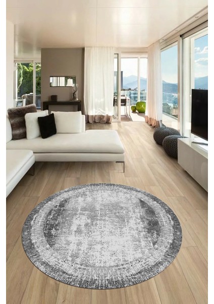 Sade Çerçeve Desen Modern Yıkanabilir Yolluk Mutfak Yuvarlak Salon Halısı, Y-Çerçeveli-14-Gri,