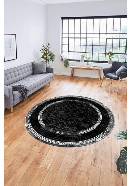 Şık Tasarım Çerçeve Desenli Modern Yıkanabilir Mutfak Yuvarlak Salon Halısı, Y-Çerçeveli-10-Siyah,