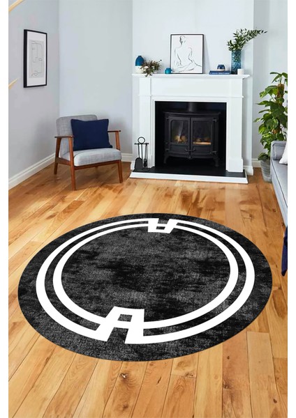 Çerçeve Sade Desen Yıkanabilir Kaymaz Yolluk Mutfak Yuvarlak Salon Halısı, Y-Çerçeve-33-Antrasit,