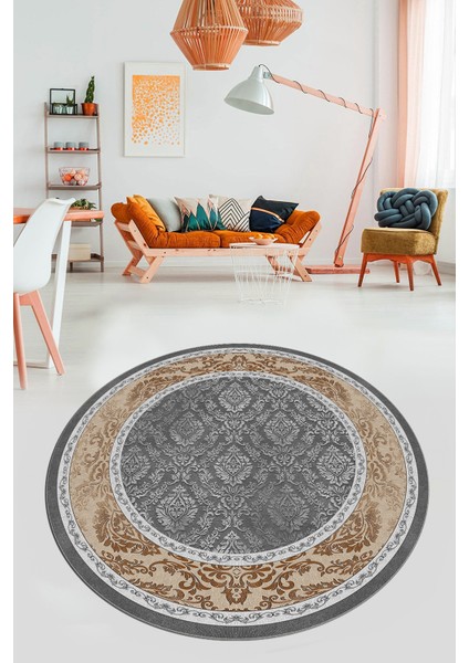 Şık Çerçeve Desenli Modern Yıkanabilir Yolluk Mutfak Yuvarlak Salon Halısı, Y-Çerçeveli-21-Kahve,