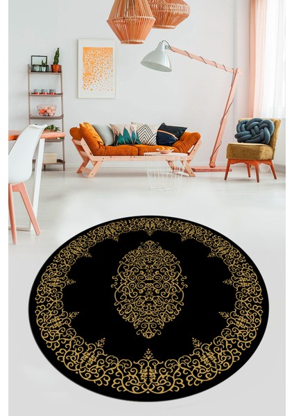 Klasik Çerçeve Desenli Yıkanabilir Kaymaz Yolluk Mutfak Yuvarlak Salon Halısı, Y-Çerçeveli-22-Siyah,