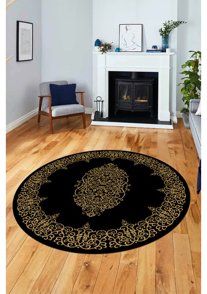 Klasik Çerçeve Desenli Yıkanabilir Kaymaz Yolluk Mutfak Yuvarlak Salon Halısı, Y-Çerçeveli-22-Siyah, modelleri
