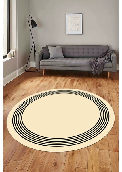 Dijital Kaymaz Yıkanabilir Modern Sade Çerçeveli Yuvarlak Yolluk Salon Halısı, Y-Çerçeveli-45-Krem,