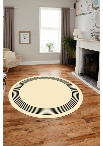 Dijital Kaymaz Yıkanabilir Modern Sade Çerçeveli Yuvarlak Yolluk Salon Halısı, Y-Çerçeveli-45-Krem, fiyatları