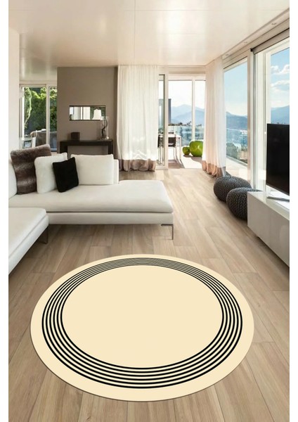 Dijital Kaymaz Yıkanabilir Modern Sade Çerçeveli Yuvarlak Yolluk Salon Halısı, Y-Çerçeveli-45-Krem, modelleri