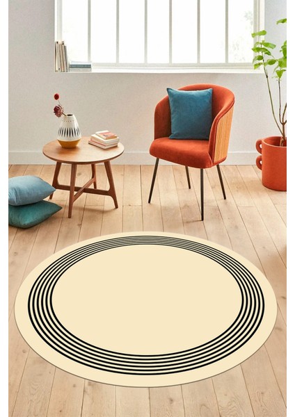 Dijital Kaymaz Yıkanabilir Modern Sade Çerçeveli Yuvarlak Yolluk Salon Halısı, Y-Çerçeveli-45-Krem, fırsatları