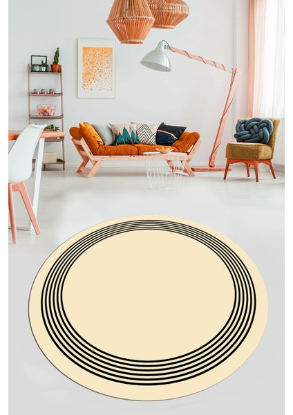 Dijital Kaymaz Yıkanabilir Modern Sade Çerçeveli Yuvarlak Yolluk Salon Halısı, Y-Çerçeveli-45-Krem, indirimleri