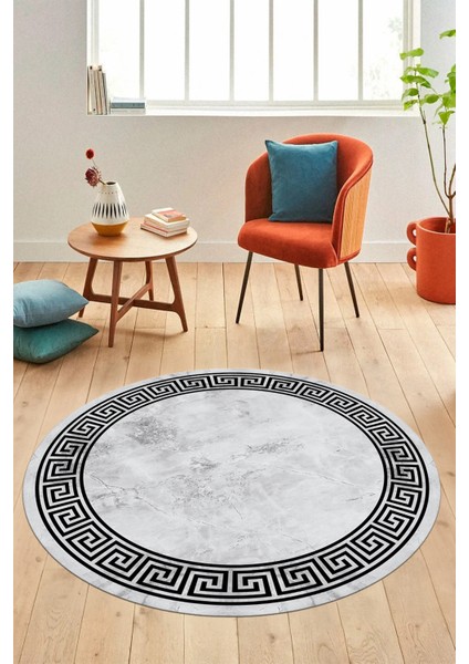 Mermer Çerçeve Desen Modern Yıkanabilir Yolluk Mutfak Yuvarlak Salon Halısı, Y-Çerçeveli-17-Gri,