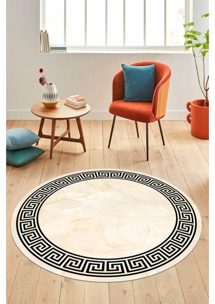 Mermer Çerçeve Desen Modern Yıkanabilir Yolluk Mutfak Yuvarlak Salon Halısı, Y-Çerçeveli-17-Krem,
