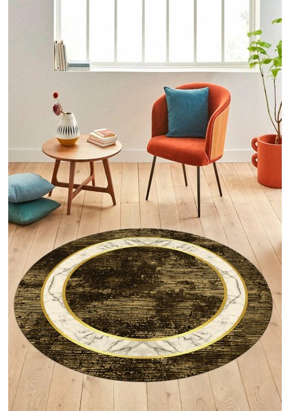 Mermer Çerçeve Desen Modern Yıkanabilir Yolluk Mutfak Yuvarlak Salon Halısı, Y-Çerçeveli-18-Kahve,