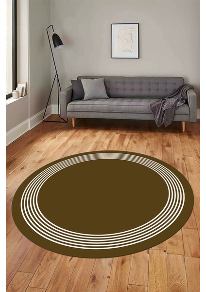 Dijital Kaymaz Yıkanabilir Modern Sade Çerçeveli Yuvarlak Yolluk Salon Halısı, Y-Çerçeveli-45-Kahve,