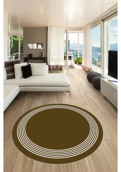 Dijital Kaymaz Yıkanabilir Modern Sade Çerçeveli Yuvarlak Yolluk Salon Halısı, Y-Çerçeveli-45-Kahve,
