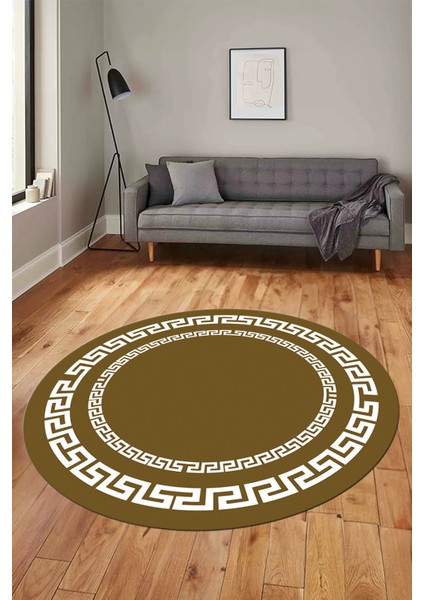 Dijital Kaymaz Yıkanabilir Çerçeveli Yuvarlak Yolluk Mutfak Salon Halısı, Y-Çerçeveli-47-Kahve,