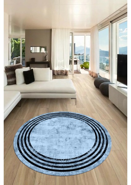 Dijital Kaymaz Taban Yıkanabilir Sade Çerçeveli Yuvarlak Mutfak Salon Halısı, Y-Çerçeveli-06-Mavi,