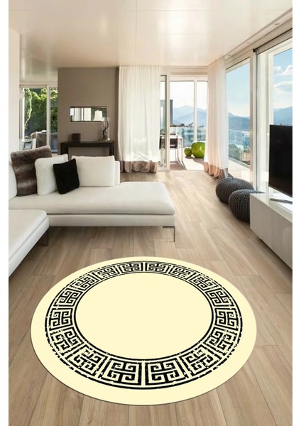 Şık Tasarım Yıkanabilir Kaymaz Taban Çerçeveli Yuvarlak Mutfak Salon Halısı, Y-Çerçeveli-36-Krem,