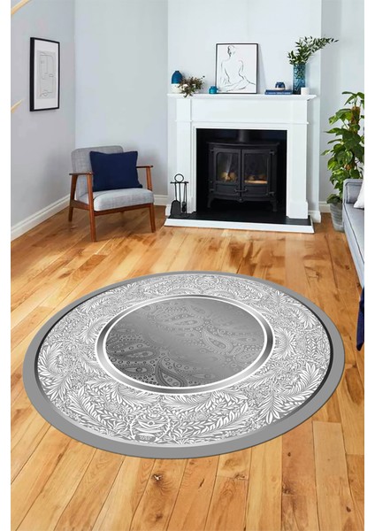 Çiçekli Şık Yıkanabilir Kaymaz Taban Çerçeveli Yuvarlak Mutfak Salon Halısı, Y-Çerçeveli-37-Gri,