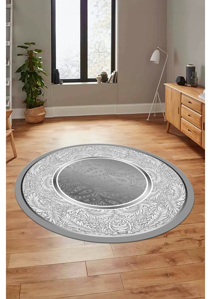 Çiçekli Şık Yıkanabilir Kaymaz Taban Çerçeveli Yuvarlak Mutfak Salon Halısı, Y-Çerçeveli-37-Gri, fiyatları