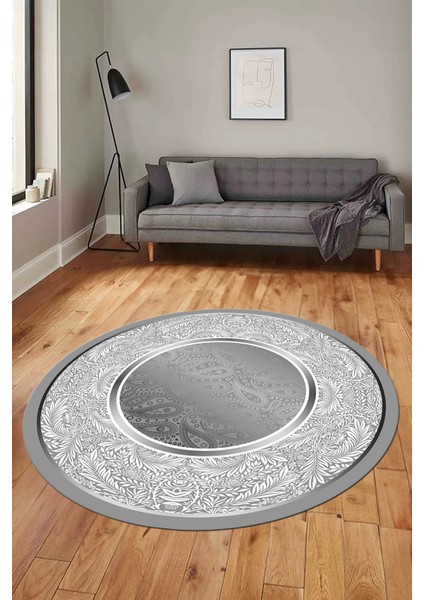 Çiçekli Şık Yıkanabilir Kaymaz Taban Çerçeveli Yuvarlak Mutfak Salon Halısı, Y-Çerçeveli-37-Gri, modelleri