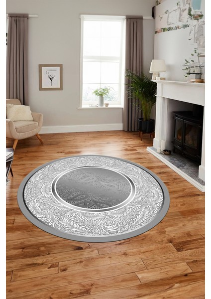 Çiçekli Şık Yıkanabilir Kaymaz Taban Çerçeveli Yuvarlak Mutfak Salon Halısı, Y-Çerçeveli-37-Gri, fırsatları
