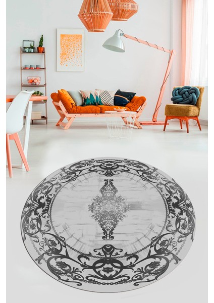 Klasik Çerçeve Desen Modern Yıkanabilir Yolluk Mutfak Yuvarlak Salon Halısı, Y-Çerçeveli-19-Gri,